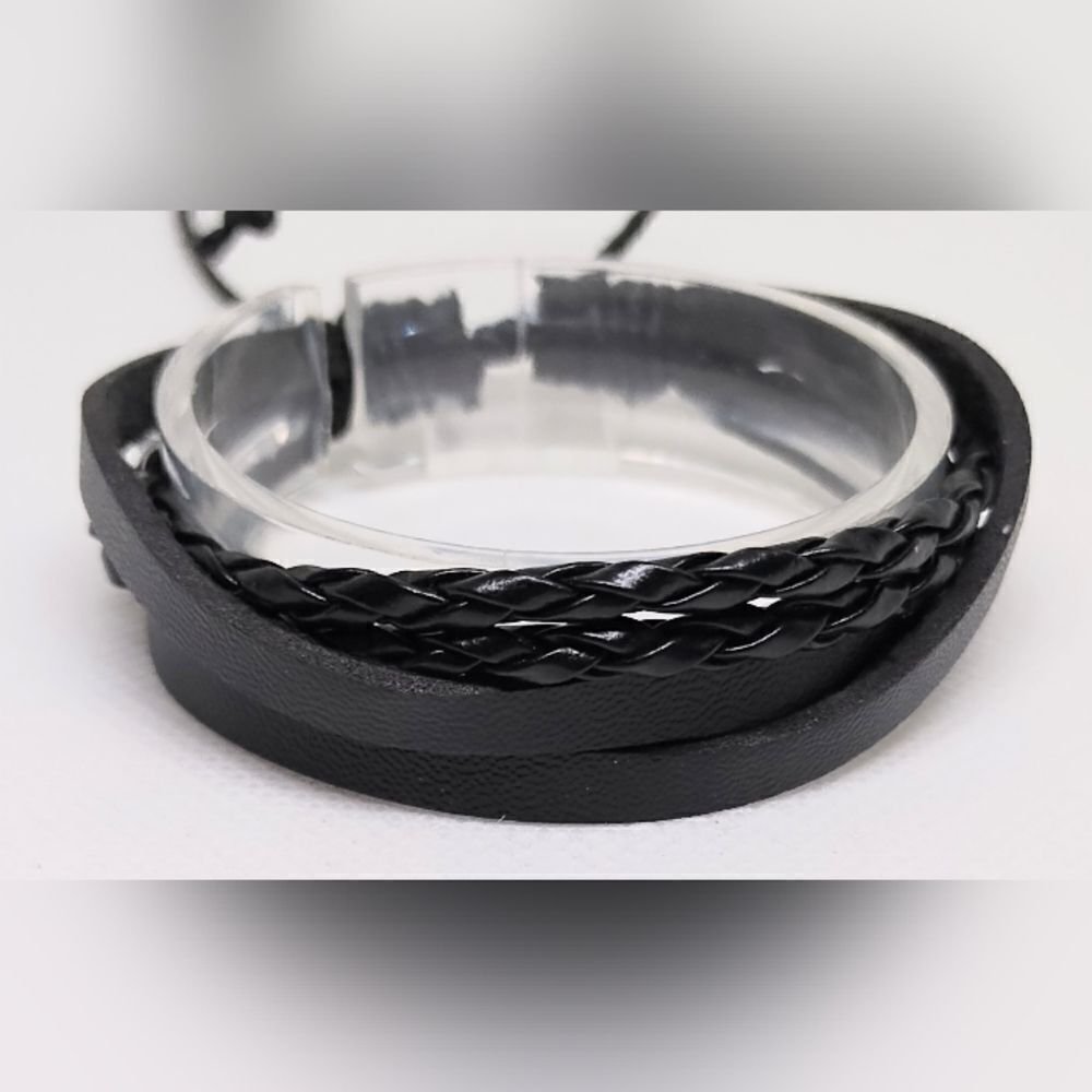 Men's bracelet‎ leather layered braided black new e54